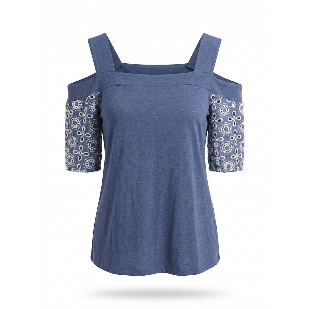 Chico's Women's M Boho Cottagecore Romantic Coastal Eyelet Cold Shoulder Blouse